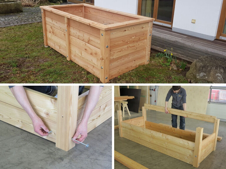 Hochbeet Nr. 58.0 aus Lärchenholz für Gemüseanbau, Kräuter und Blumen im Garten.