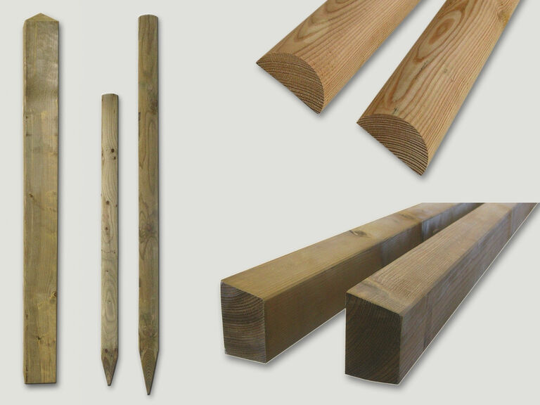 Zaunpfosten und Bindestangen aus Holz für den Aufbau von Staketenzäunen im Garten
