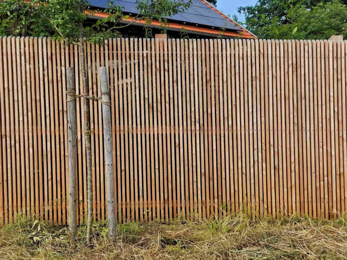 Sichtschutzwand aus schmalen senkrecht montierten L&auml;rchenlatten